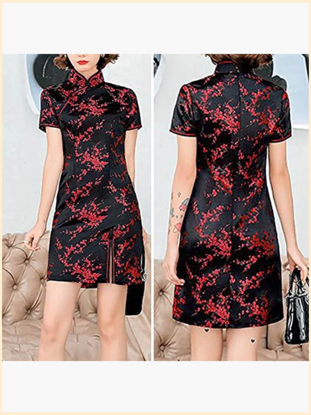 Cheongsam Dress Side Slit Mandarin Collar Floral Print Bodycon Cocktail - Picture 4 of 4